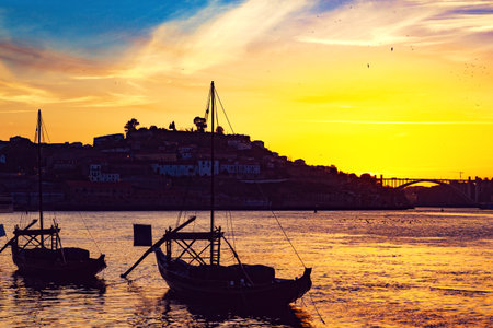 Porto city and Ribeira over Douro river from Vila Nova de Gaia, Portugal.の写真素材