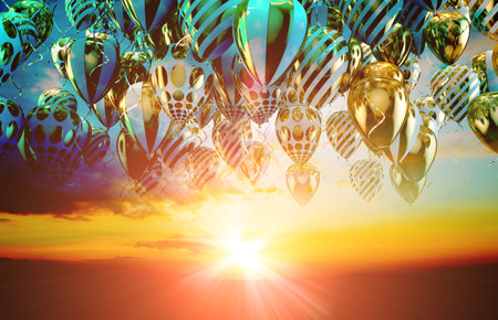 Dreamscape outdoor and balloons. Colorful balloons flying over sunset sky.の写真素材