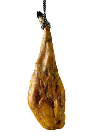 Whole dry Spanish ham isolated on white background.の写真素材