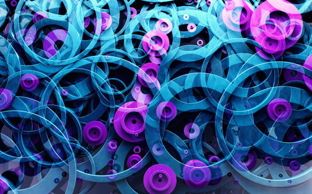Blue and black circles and geometric shapes background.の写真素材