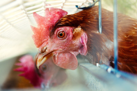 Close up image of chickens in the cage. Ecological farm and free-range hens or farmyard hensの写真素材