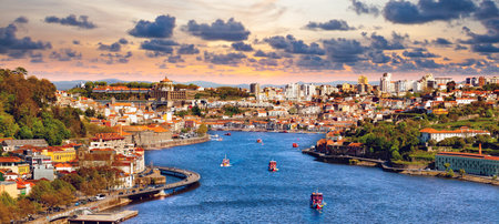 Porto city and Ribeira over Douro river from Vila Nova de Gaia, Portugal.の写真素材