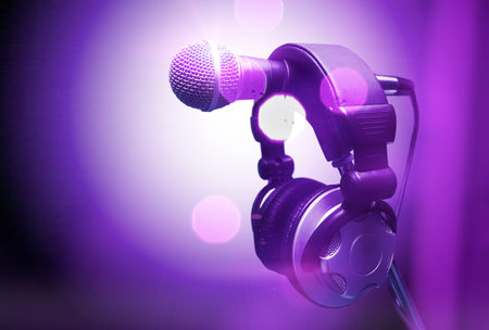 microphone and headphones. Concept audio and studio recording.の写真素材