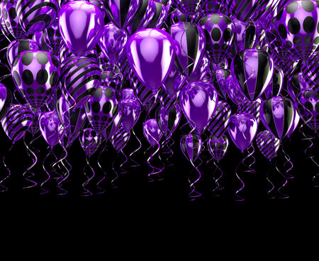 Elegant helium balloons flying on black background for announcements, birthdays and invitations.3d illustration.の写真素材