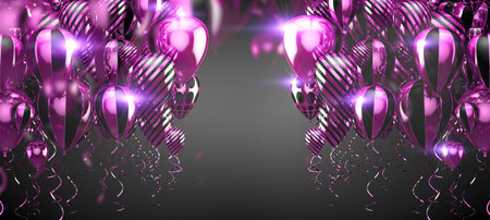 Elegant helium balloons flying on black background for announcements, birthdays and invitations.3d illustration.の写真素材