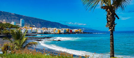 Sunset scenical Spain sea and island .Beach adventures and travel concept.Puerto de la Cruz.の写真素材