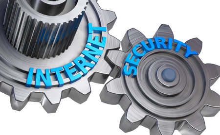 Continuous improvement and online security with metal gear mechanism background.3d illustration.の写真素材