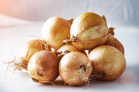 Brown onions isolated on white backgroundの写真素材
