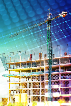 Construction and real estate industry. Sunset and foundation structure of houses.の写真素材