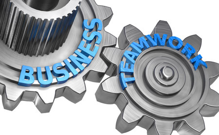 Team work in the company and streamlining process with metal gear mechanism background.3d illustration.の写真素材