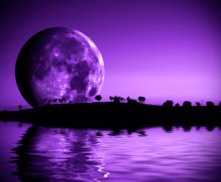 Mysterious landscape with full moon and mountains over the lake in violet toned.の写真素材
