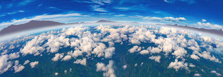 Clear blue sky and white clouds, cloud panorama from above, view from the plane.の写真素材
