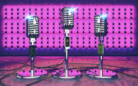Live music background.Microphone and stage lights.Radio and karaoke conceptの写真素材