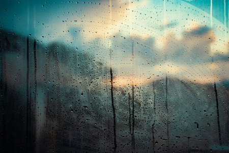 City view through a window on a rainy day.