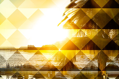 Sunset sky and palm trees view,vintage style,summer panoramic background.の写真素材