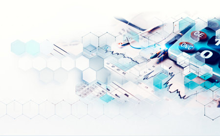 Geometric shapes in white and blue color.Futuristic circuit high computer net business backgroundの写真素材