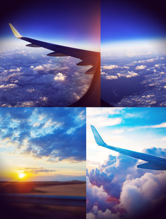 Design or composition of beautiful sunset, sky on the top view, airplane flying view from inside window aircraft of Traveling.の写真素材