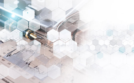 Geometric shapes in white and blue color.Futuristic circuit high computer net business background