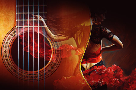 Background of traditional Spanish gypsy music. Spanish guitar and flamenco dancer.の写真素材
