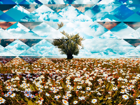 Abstract geometric nature background.Noise and chromatic artistic aberration.の写真素材