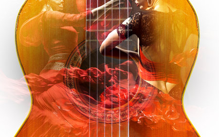 Background of traditional Spanish gypsy music. Spanish guitar and flamenco dancer.の写真素材
