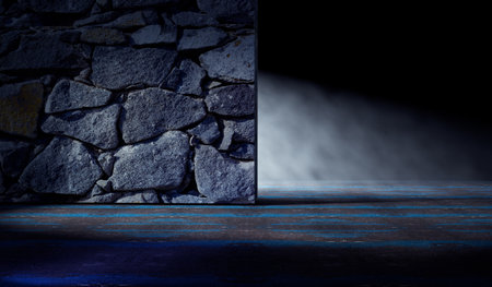 Empty cement room or space.Floor with concrete wall texture background illuminated by spotlight or lamppost.の写真素材