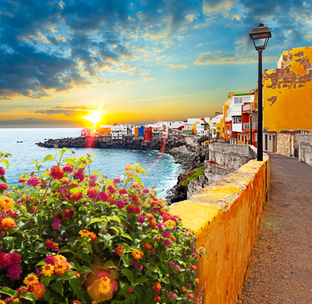 Sunset scenery Spain sea and island .Beach adventures and travel concept.Puerto de la Cruzの写真素材