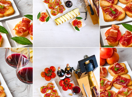 Composition or design of appetizers of Iberian ham with a glass of wine, ripe tomatoes and cow cheese on a white wooden background.の写真素材
