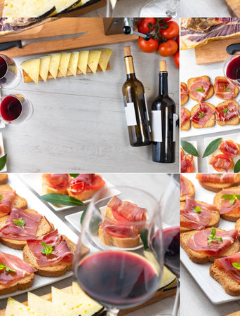 Composition or design of appetizers of Iberian ham with a glass of wine, ripe tomatoes and cow cheese on a white wooden background.の写真素材
