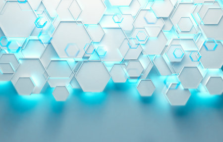 Geometric shapes and blue neon modern lights blank background.の写真素材