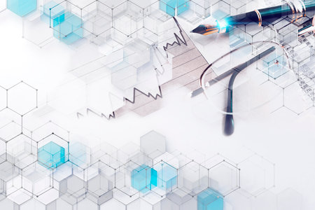 Geometric shapes in white and blue color.Futuristic circuit high computer net business background.の写真素材