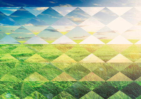 Green grass and sunrise sky scenery background.Sunlights,season concept and countryside.の写真素材