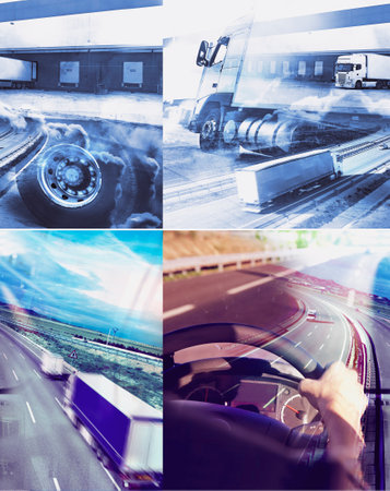 Transport for logistics companies. Delivery of goods by trucks and ships. Logistics collage. Transport corporation.の写真素材