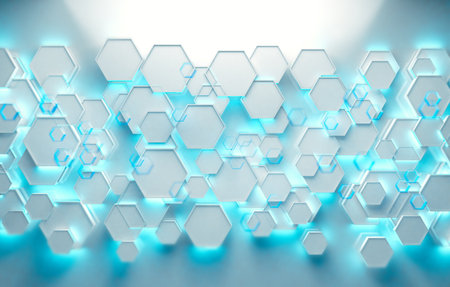 Geometric shapes and blue neon modern lights blank background.の写真素材