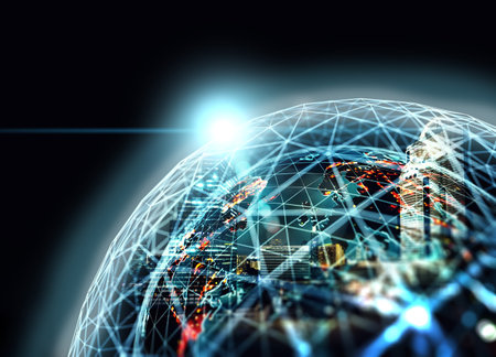 World map and city lights. Global social network and internet concept.の写真素材