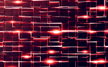 Futuristic 3d illustration of design of squares, rectangles and geometric shapes. Glowing neon lights and shiny, smooth texture.の写真素材
