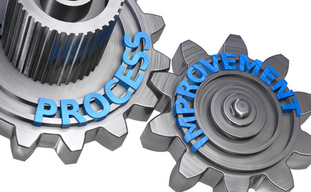 Continuous improvement and streamlining process with metal gear mechanism background.3d illustration.の写真素材