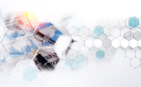 Geometric shapes in white and blue color.Futuristic circuit high computer net business backgroundの写真素材