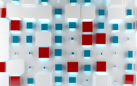 Futuristic 3d illustration of design of squares, rectangles and geometric shapes. Glowing neon lights and shiny, smooth texture.の写真素材