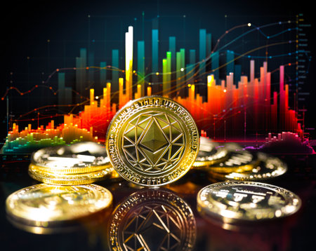 Ethereum gold coins on futuristic and abstract stock charts background. Finance and investment...