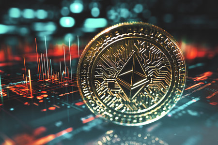 Ethereum gold coins on futuristic and abstract stock charts background. Finance and investment concept.の写真素材