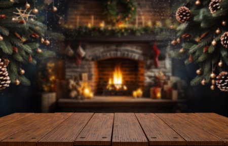Christmas background of christmas pine tree and fireplace inside the living room.3d illustration.の写真素材