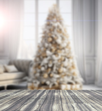 Christmas background of christmas pine tree and gifts inside the living room.3d illustration.の写真素材