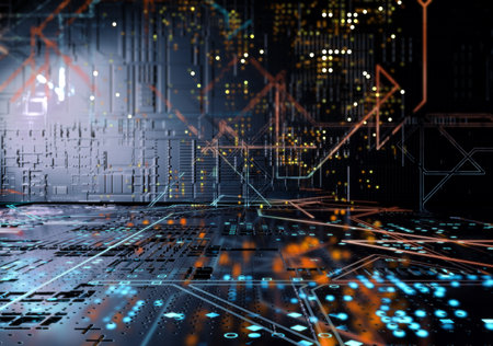 Creative digital background for technology and science fiction concept. Futuristic surface with neon...