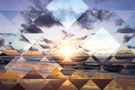 Beach sand and sunset on the shore. Abstract summer and vacation design.の写真素材