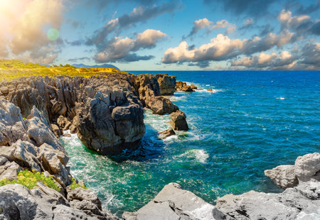 Scenic cliff landscape and sea in storm weather.の写真素材
