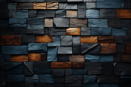 Dark wooden cubes background. Front view. Free copy space.