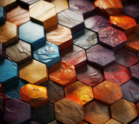Close-up of a geometric pattern with colorfulr hexagons creating an abstract background.