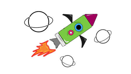 iIllustration icon texture of rocket kite with planets around on white backgroundの写真素材