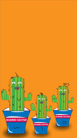 Textured illustration icons of scared cactus family on orange backgroundの写真素材
